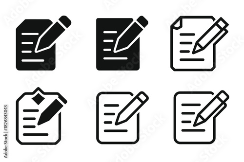 Iconic Reflection Logos. Learning goals reflection sheet. Icon set. Set Logo of reflection sheet: pen writing on paper. harmonious logo variations of the same