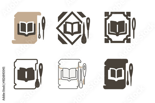 Historic Bookbinding Logos. Historic bookbinding process. Icon set. Set Logo of historic bookbinding process: embossed book cover. harmonious logo variations