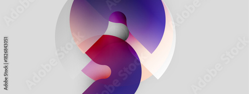 Abstract shapes overlap, creating soft gradients. Purple, pink, white hues dominate composition. Minimalist design evokes fluidity, movement.