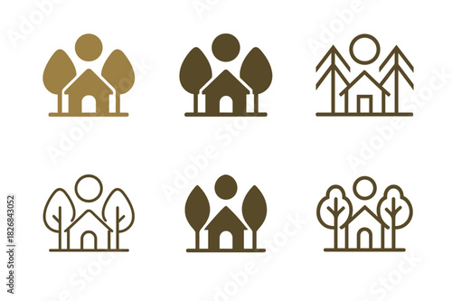 Eco-Lodge Logo Variations. Nature-based wellness tourism. Icon set. Set Logo of wellness tourism: eco-lodge icon. harmonious logo variations of the same