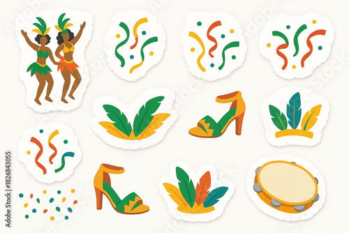 Carnival symbol pack torn vector style dancer’s confetti samba shoes feather crowns tambourines on white background
