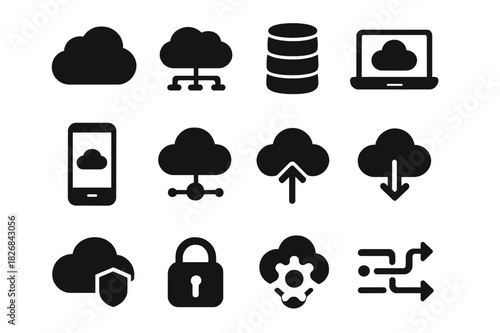 Cloud Computing Icons. Cloud computing. Solid icon set of Cloud computing: cloud, server, database, laptop, smartphone, network, upload arrow, download arrow,
