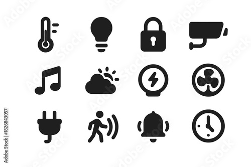 Smart Home Icons. Smart home widgets. Solid icon set of smart home widgets: thermostat, light bulb, lock, camera, music, weather, energy meter, fan, plug,