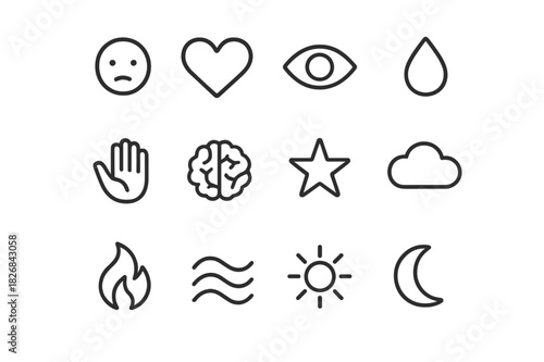 Human Emotion Icon Set. Human emotion. Line icon set of human emotion: face, heart, eye, tear, hand, brain, star, cloud, flame, wave, sun, moon. All outline