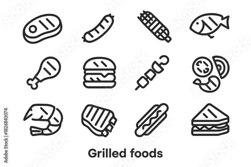 Grilled Foods Icons. Grilled foods. Line icon set of grilled foods: steak, sausage, corn cob, fish, chicken leg, burger, kebab, vegetables, shrimp, ribs, hot