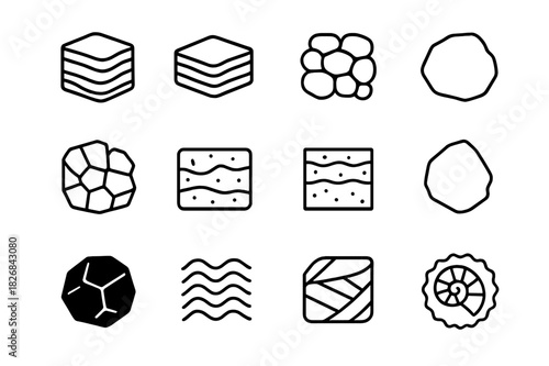 Sedimentary Rock Icons. Sedimentary rocks. Line icon set of sedimentary rocks: sandstone, shale, limestone, conglomerate, breccia, siltstone, mudstone, chert,