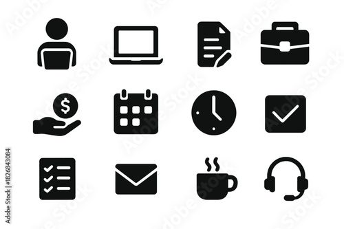 Temporary Employment Icons. Temporary employment. Solid icon set of Temporary employment: freelancer, laptop, smartphone, contract, payment, calendar, clock,