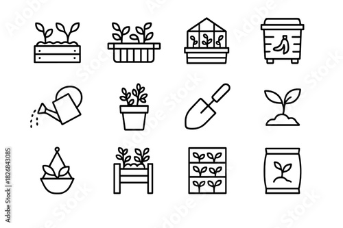 Urban Gardening Icons. Urban gardening. Line icon set of urban gardening: garden bed, balcony plants, rooftop greenhouse, compost bin, watering can, herb pot,