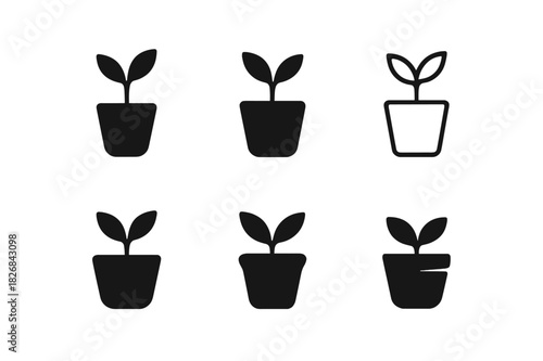 Minimalist Plant Logos. Potted plant. Icon set. Set Logo of potted plant: minimalist pot silhouette. harmonious logo variations of the same emblematic concept,