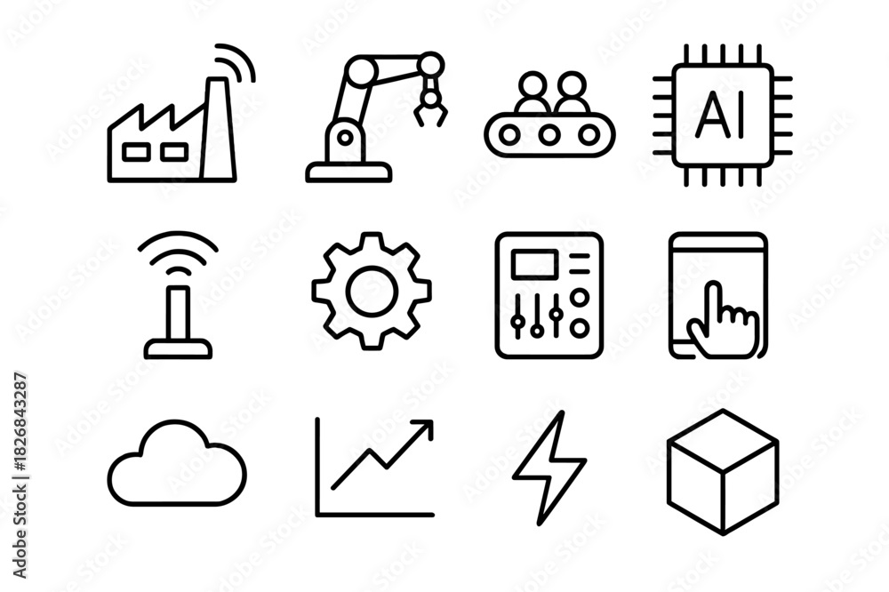 Fototapeta premium Smart Manufacturing Icons. Smart manufacturing. Line icon set of smart manufacturing: factory, robot arm, conveyor, AI chip, sensor, gear, control panel,