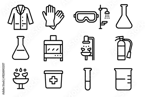 Lab Safety Icons. Laboratory safety. Line icon set of laboratory safety: lab coat, gloves, goggles, volumetric flask, Erlenmeyer flask, fume hood, safety