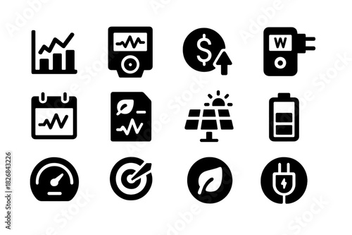 Energy Monitoring Icons. Energy monitoring. Solid icon set of Energy monitoring: power usage graph, smart meter, cost icon, device wattage, daily usage, eco