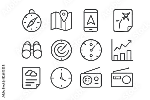 Navigation Tools Icons. Navigation Tools. Line icon set of Navigation Tools: compass, map, GPS, flight plan, binoculars, radar, altimeter, chart, headings,