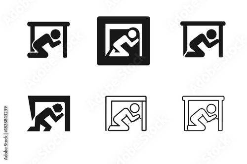 Earthquake Safety Icons. Earthquake hazards. Icon set. Set Logo of earthquake hazards: Icon of person taking cover. harmonious logo variations of the same