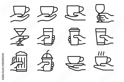 Cup Line Icons. Cup Collection. Line icon set of Cup Collection: hand holding coffee cup, hand holding tea cup, hand holding mug, hand holding wine glass, hand