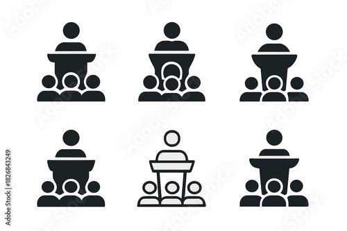 Tech Conference Icons. tech conference presentation. Icon set. Set Logo of tech conference presentation: presentation podium and audience icons. harmonious