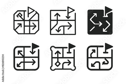 Strategic Game Icons. Engaging in a strategy game. Icon set. Set Logo of engaging in a strategy game: abstract battlefield grid with directional arrows and