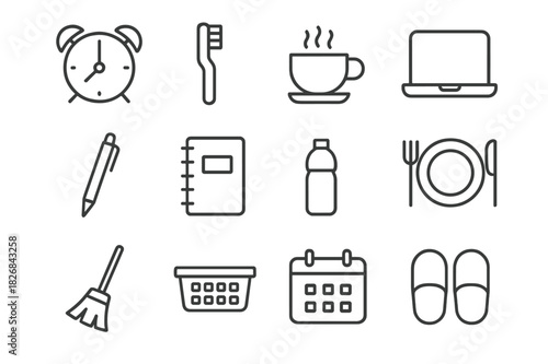 Daily Routine Icons. Routine Essentials. Line icon set of Routine Essentials: alarm clock, toothbrush, coffee cup, laptop, pen, notebook, water bottle, plate