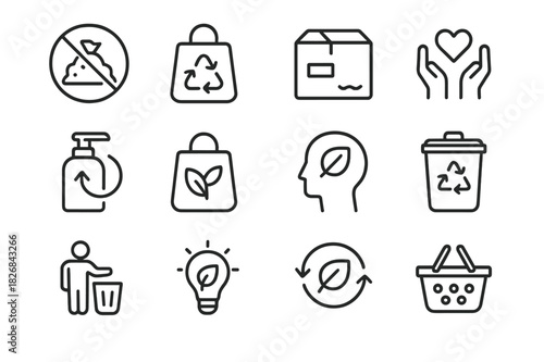 Sustainable Icons Collection. Waste prevention. Line icon set of waste prevention: no landfill icon, reuse bag, minimal packaging, donation symbol, refillable