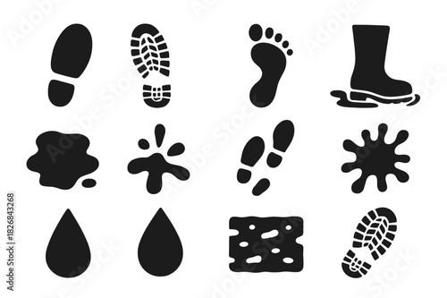Footprints in Mud Icons. Footprints in mud. Solid icon set of footprints in mud: single footprint, shoe print, barefoot mark, animal track, muddy puddle,