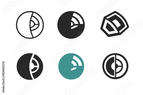 Earth Layer Logos. Earth layers. Icon set. Set Logo of earth layers: cross-section of Earth showing crust, mantle, and core. harmonious logo variations of the