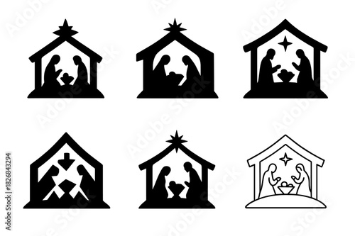 Nativity Logo Variations. Nativity scene. Icon set. Set Logo of nativity scene: Silhouetted nativity hilltop. harmonious logo variations of the same emblematic