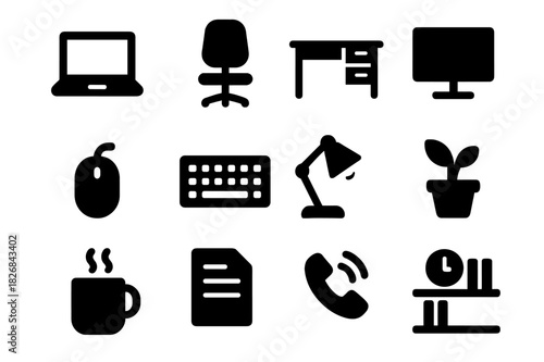 Workstation Icons Set. Workstation. Solid icon set of workstation: laptop, desk, chair, monitor, mouse, keyboard, lamp, plant, coffee mug, documents, phone,