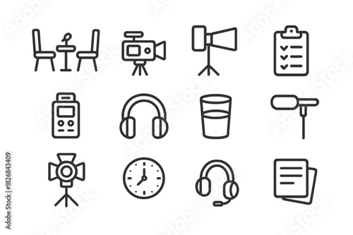 Interview Setup Icons. Interview setup. Line icon set of interview setup: two chairs, table mic, camera on tripod, lighting, clipboard, sound recorder,