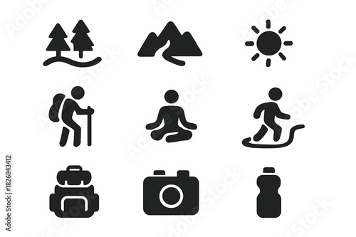 Nature Wellness Icons. Nature and wellness. Solid icon set of Nature and wellness: trees, river, mountain, sun, senior hiker, yoga pose, walking trail,