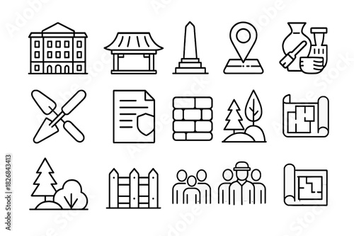Cultural Preservation Icons. Cultural Preservation Efforts in Architecture and Landscape. Line icon set of Cultural Preservation Efforts in Architecture and