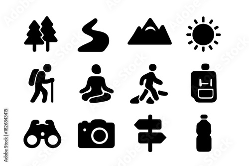 Nature Wellness Icons. Nature and wellness. Solid icon set of Nature and wellness: trees, river, mountain, sun, senior hiker, yoga pose, walking trail,