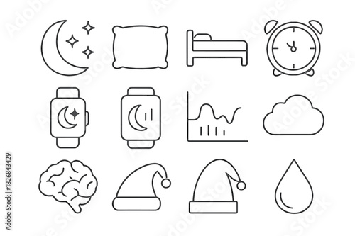 Sleep Optimization Icons. Sleep optimization. Line icon set of sleep optimization: moon, stars, pillow, bed, alarm clock, smartwatch, sleep tracker, graph,