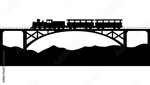 Silhouette of a train on a bridge against a white background view