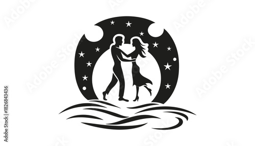 Silhouette of couple dancing under starry night on wavy lines design