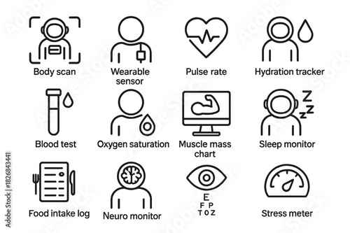 Astronaut Health Icons. Astronaut health monitoring. Line icon set of astronaut health monitoring: body scan, wearable sensor, pulse rate, hydration tracker,