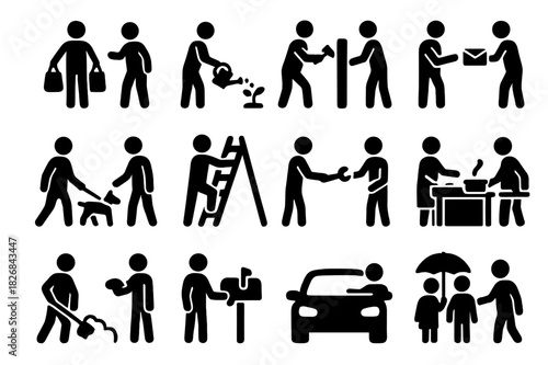 Neighborly Help Icons. Helping a neighbor. Solid icon set of helping a neighbor: carrying groceries, watering plants, fixing fence, delivering mail, walking
