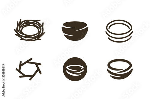 Nest Logo Variations. Nest. Icon set. Set Logo of nest: woven twigs and branches. harmonious logo variations of the same emblematic concept, each