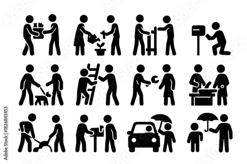 Neighborly Help Icons. Helping a neighbor. Solid icon set of helping a neighbor: carrying groceries, watering plants, fixing fence, delivering mail, walking