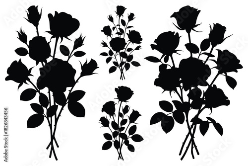 Black rose silhouettes with leaves and buds white flower