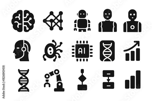 AI Evolution Icons. Evolution of artificial intelligence and potential new forms of life. Solid icon set of Evolution of artificial intelligence and potential