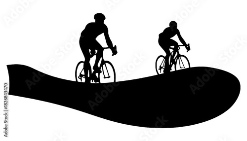 Silhouette of two cyclists riding on a black wave against white space