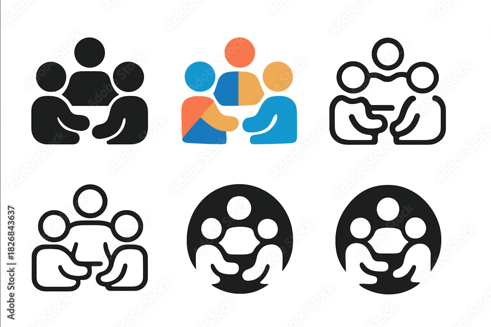 Obraz premium Community Gathering Icons. Participating in a community gathering. Icon set. Set Logo of community: people socializing icon. harmonious logo variations of the
