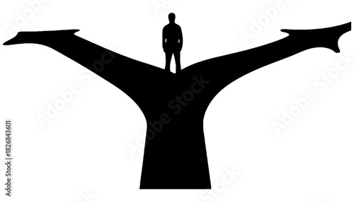 Silhouette of person standing at a fork in the road on white background