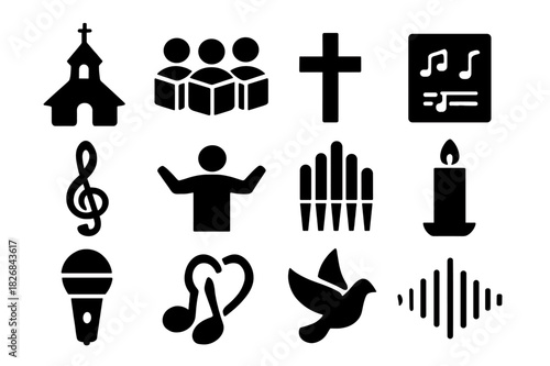 Church Choir Icons. Church choir. Solid icon set of church choir: church, singers, cross, music sheet, treble clef, conductor, organ pipes, candle, microphone,