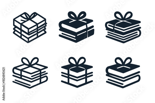 Novel Logo Variations. Pile of novels. Icon set. Set Logo of pile of novels: Books tied with string. harmonious logo variations of the same emblematic concept,