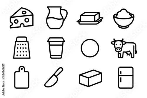 Dairy Icon Set. Cheese and dairy. Line icon set of cheese and dairy: cheese wedge, milk jug, butter, cream bowl, grater, yogurt cup, mozzarella ball, cow icon,
