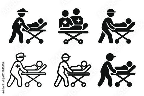 Mobile Medical Unit Icons. Mobile medical unit. Icon set. Set Logo of mobile medical unit: paramedic with stretcher. harmonious logo variations of the same