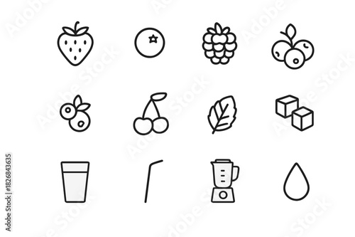 Berry Smoothie Icons. Berry smoothies. Line icon set of berry smoothies: strawberry, blueberry, raspberry, blackberry, cranberry, cherry, mint leaf, ice cubes,
