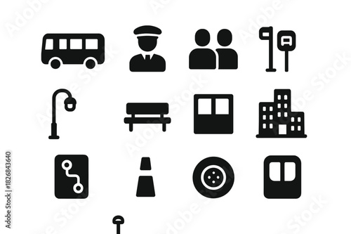 City Bus Icon Set. City Bus Commute. Solid icon set of City Bus Commute: bus, driver, passengers, bus stop, street light, bench, window, city building, route