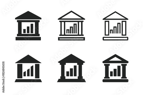 Financial Trading Logos. Stock markets and financial trading floors. Icon set. Set Logo of stock markets and financial trading floors: Building facade of stock